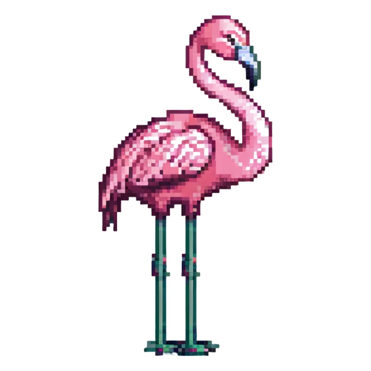 a flamingo, stylized in pixel art sticker