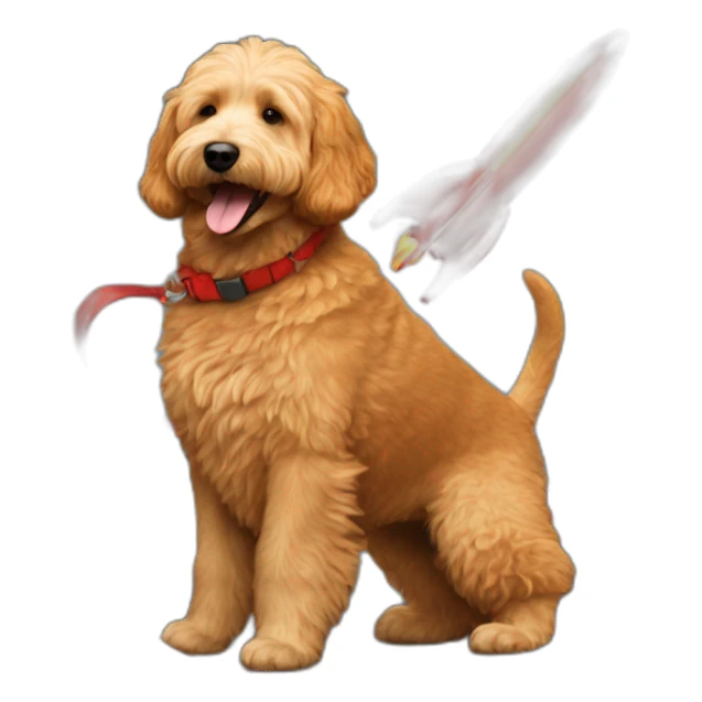 Man playing red rocket with golden Labradoodle sticker