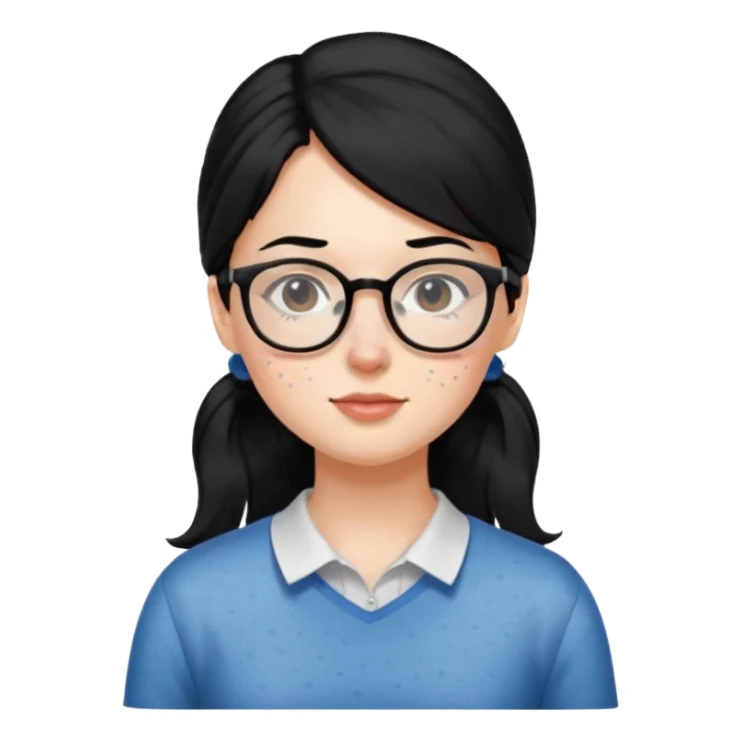안경 쓰고있는 검은색 머리 한쪽만 포니테일하고 잇는 여자애를 그려줘 주근깨도 sticker