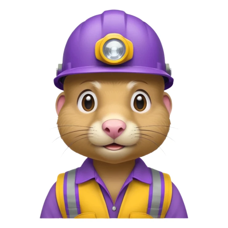 a mole rat, purple helmet, headlamp, yellow worker cloth sticker