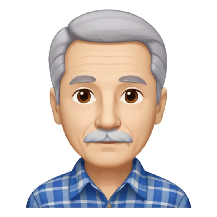 Senior Hispanic man with light complexion. Elongated face with wise expression. Relaxed brown eyes with gentle gaze. Thin eyebrows. White mustache connected to chin beard. Gray-white straight hair swept back. Wearing a beige and blue plaid long-sleeved shirt. sticker