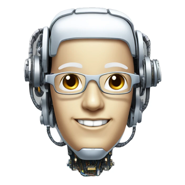 Robotic Cyborg head with fair skin, flat top haircut, rectangular glasses, circuits and smiling  sticker