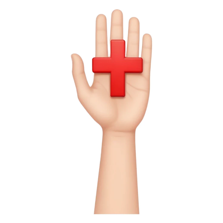 hand holding up a red cross sticker