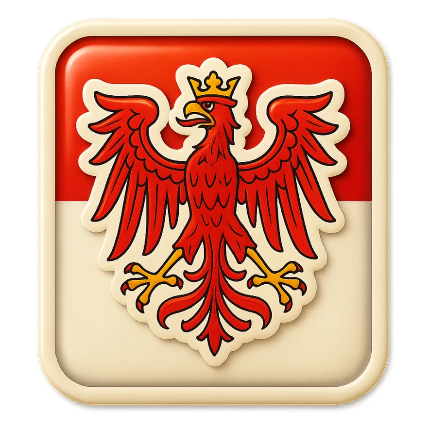 Create an icon for Brandenburg with a rectangular flag background and the Brandenburg coat of arms (red eagle with crown) centered. The style should be retro stickers, less cartoonish, and match exactly the same format and proportions as the Berlin icon from earlier. No text included. sticker