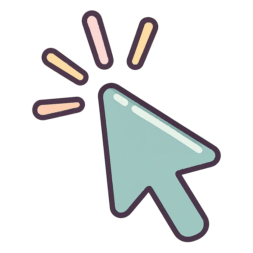 mouse cursor in icon-color-outlined style with shadows and highlights, thin clean contours, soft rounded shapes, pastel palette #98B5BC, #B5B3C1, #C9A3C9, #E4C0CA, #F7DCD1, #F7C0AA, modern Japanese pop art and sticker aesthetic, soft lighting, transparent background, cursor appearing to click with animated click feeling, multiple pose and angle variations sticker