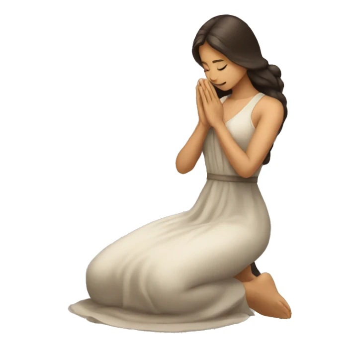 A woman kneeling praying, in a long dress, long dark brown hair sticker