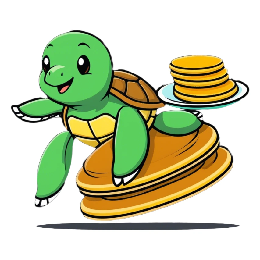 A flying turtle with pancakes on its back sticker