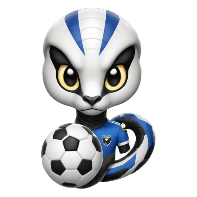 Кобра с чёрными и белыми глазами и чёрной и белой молниями из глаз. У неё чёрно-белая футбольная форма с надписью FangElite sticker