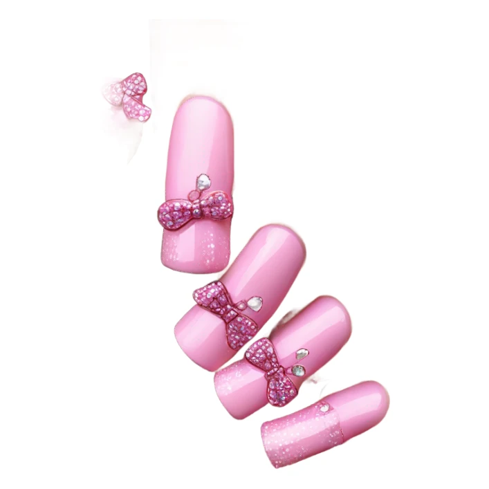 pink hyper realistic acrylic nails with pink bows and diamonds sticker