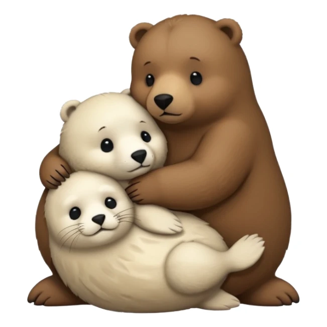 small white seal hugging a big brown bear sticker
