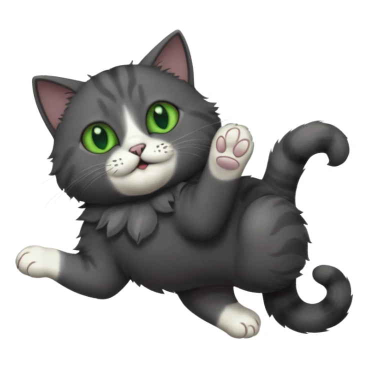 solid dark grey cat with green eyes, completely solid grey face, white toes/paws playfully rolling upside down sticker