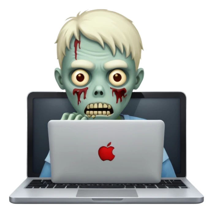 A tired zombie behind a laptop sticker