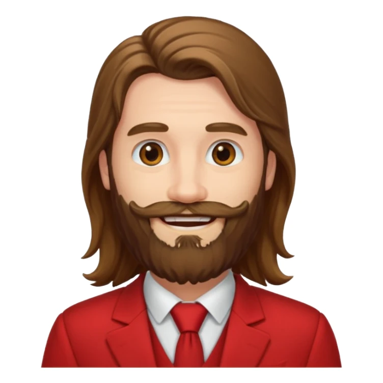 long haired bearded man with red suit sticker