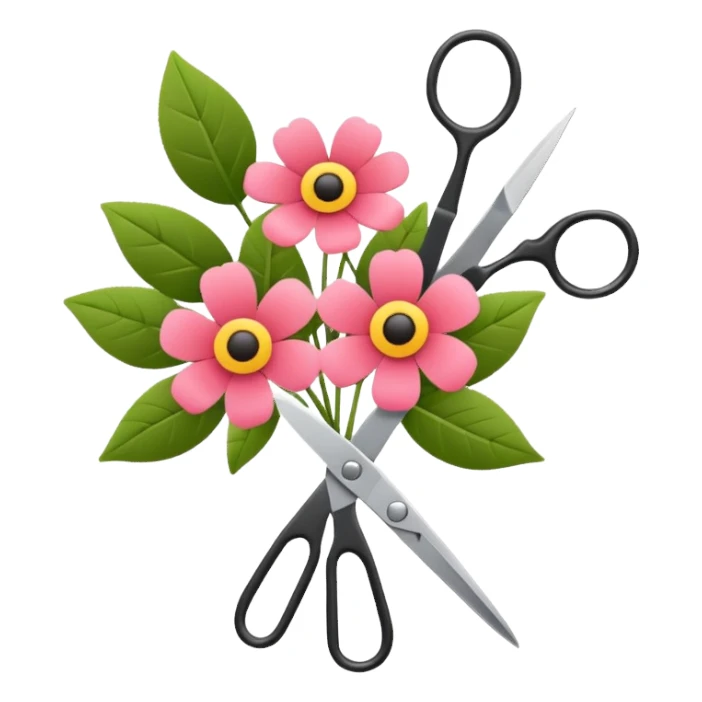 Minimalistic flat vector icon, iOS style, thin black contour on white background. Flower bouquet with leaves and scissors. No text, no shadows. sticker