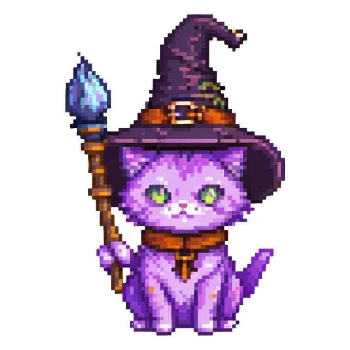 magical purple cat with witch accessories pixel art sticker