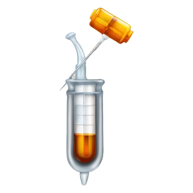 syringe and needle with amber liquid inside sticker