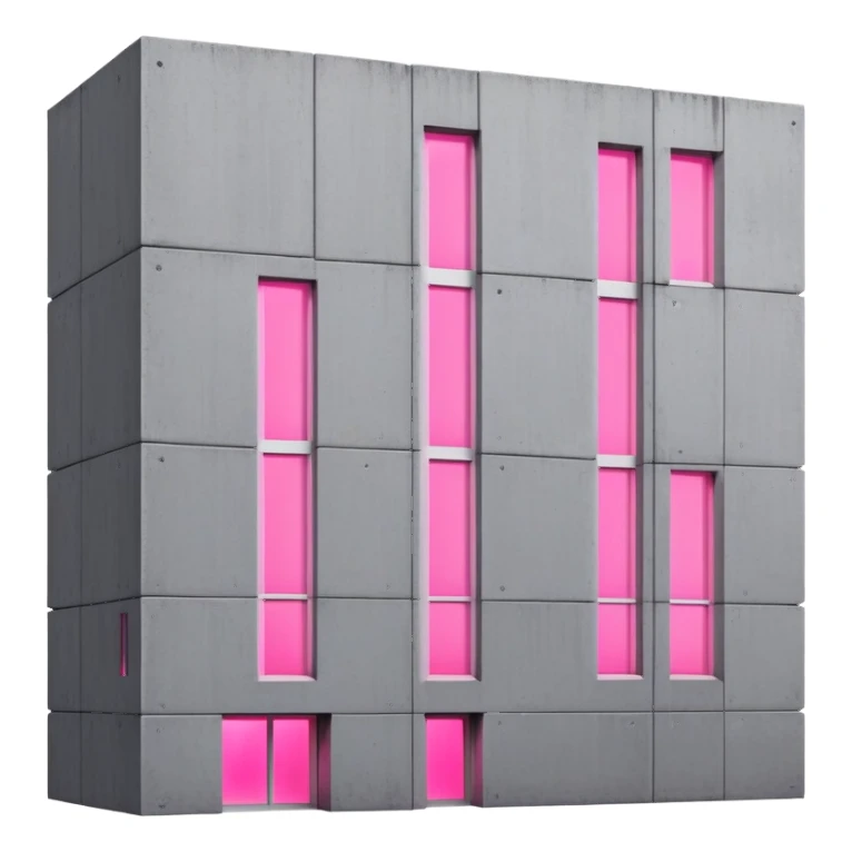 Minimalist Russian-style gray concrete panel building with one window glowing bright pink from grow lights inside, simple rectangular structure with brutalist architecture sticker