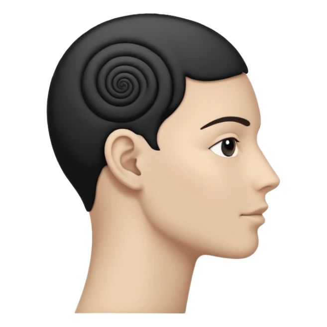 Minimalistic flat vector icon, iOS style, thin black contour on white background. Human head silhouette with spiral inside. Clean, no text, no shadows.
 sticker