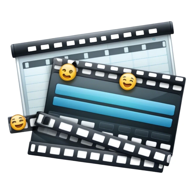 Create an emoji representing video editing. The design should feature a video editing software interface with a visible timeline, video clips, and audio tracks. Include elements like a film strip or a clapperboard to represent the filmmaking aspect. No smiley faces. Make the background transparent. sticker