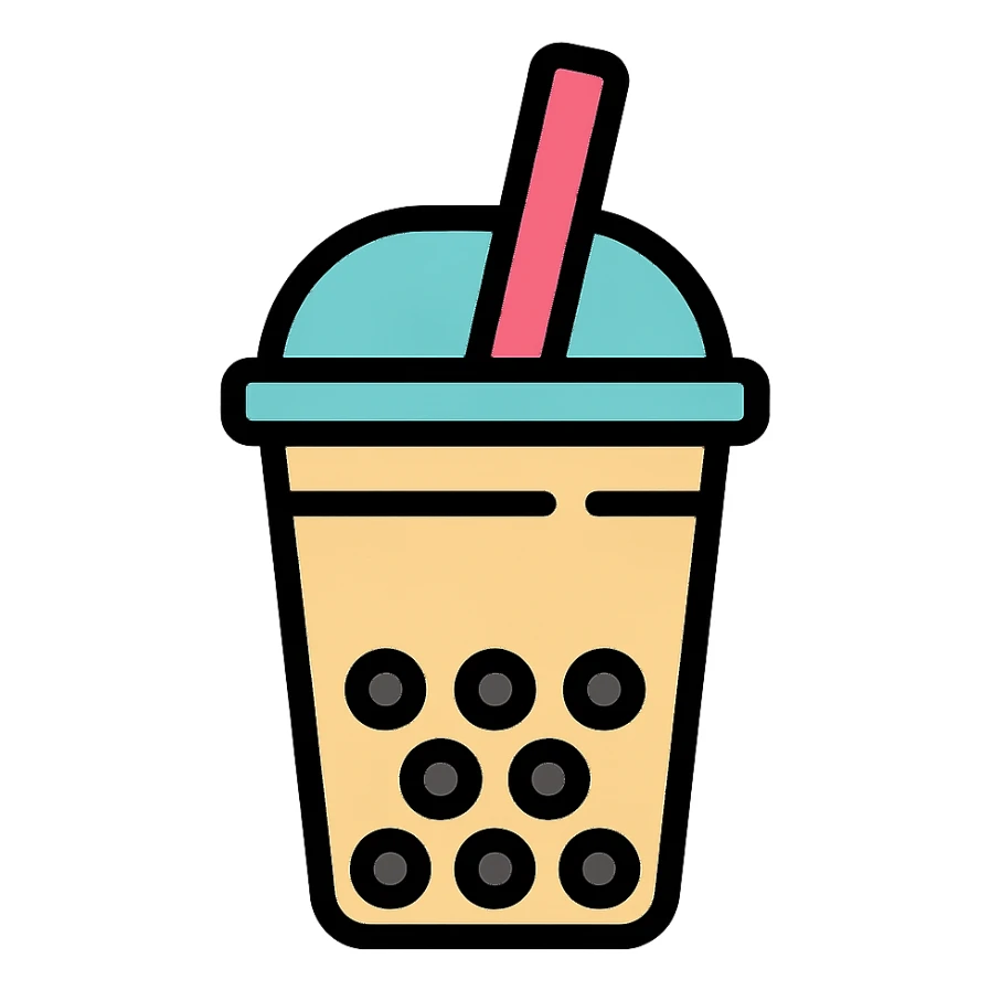 beige bubble tea with black bubbles, iconic style, transparent background sticker