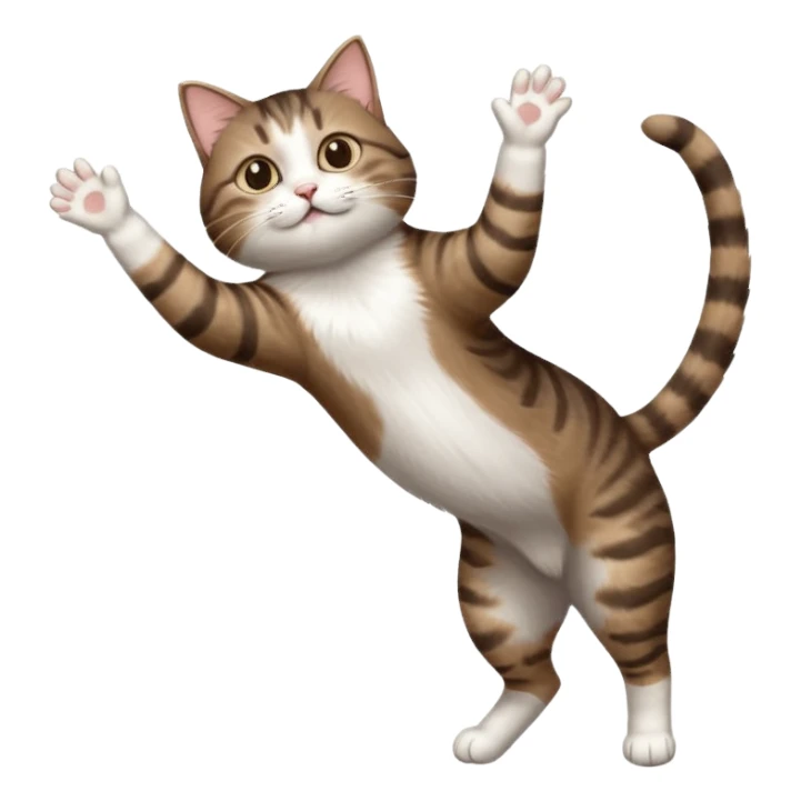 dark brown tabby and white cat with doing a big extremely long stretch reaching up into the air with arms and legs side by side together straight and overextended whilst lying on its side sticker