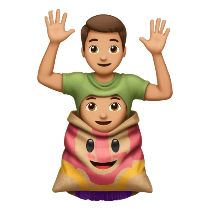 man jumping in a burlap sack holding it emoji sticker