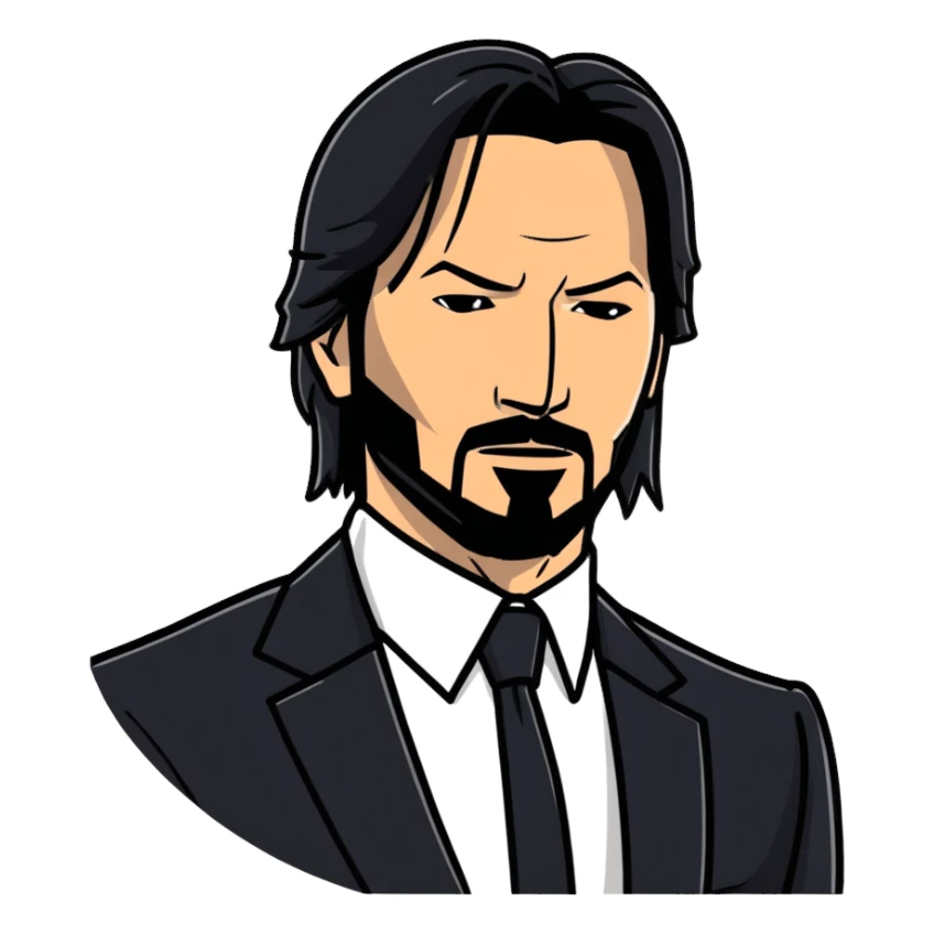 John Wick character with black suit, beard, and intense look sticker
