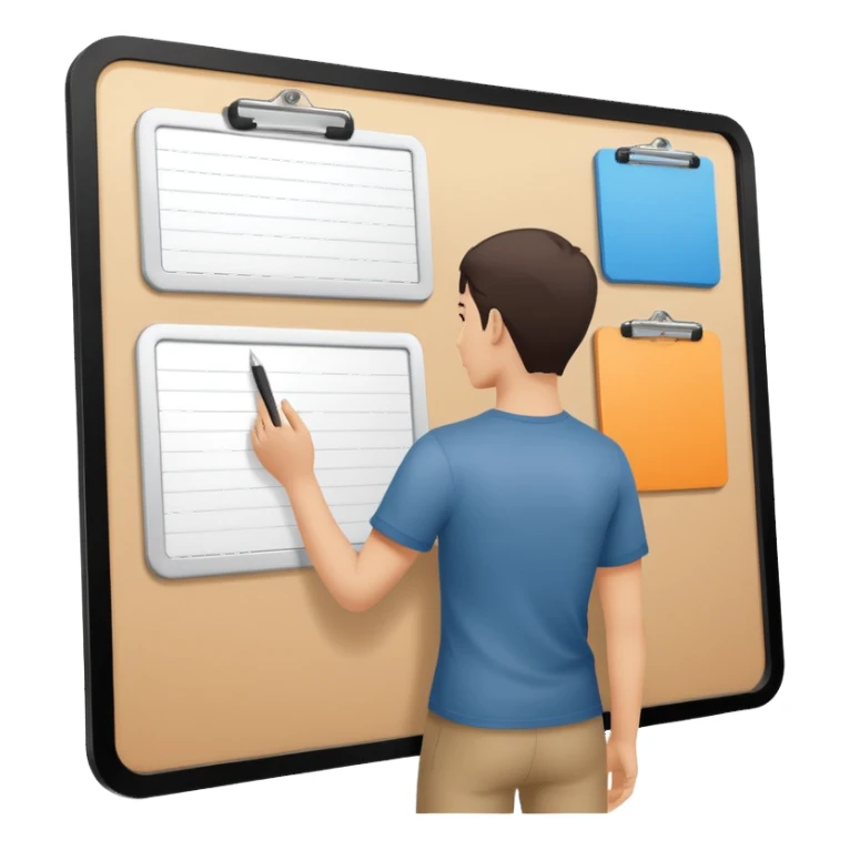 Minimalistic flat vector icon, iOS style, thin black contour on white background. Person silhouette with a project board (kanban/task board) behind. No text, no shadows.
 sticker