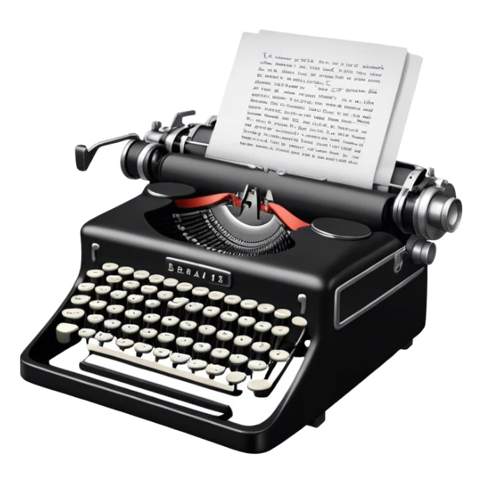 Create an emoji representing screenwriting. The design should feature an open script with visible dialogue and action lines, symbolizing the writing of a screenplay. Include a classic typewriter or a modern writing device, such as a laptop, to signify the process of creating a script. Add a movie camera next to the script to emphasize the cinematic aspect of screenwriting. Use a professional color palette with black, white, and subtle metallic tones. Do not include any emojis or smiley faces. Make the background transparent. sticker