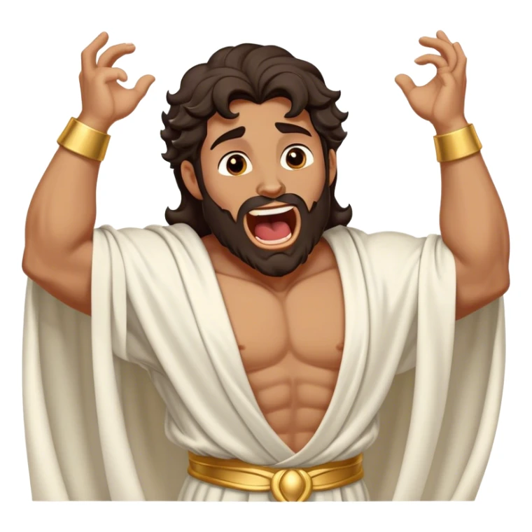 Cinematic Realistic Hercules Portrait, head tilted slightly with a dramatic, wide-open yawn, revealing a moment of relaxed, unguarded strength. His bronze, sculptural skin and thick, wavy dark hair retain their classical beauty even in repose. Draped in a gracefully flowing white robe with subtle golden details, the portrait is bathed in soft natural lighting, capturing a tender glimpse of vulnerability from a timeless Greek hero. sticker