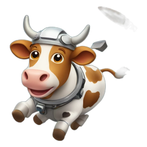 cow with udder flying to space while wearing a jetpack that is emitting flames sticker