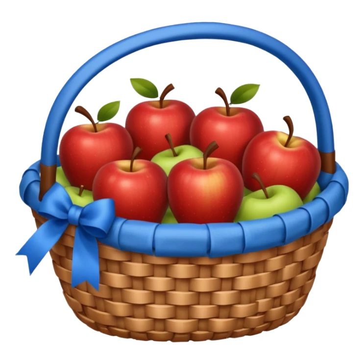 A basket with a blue ribbon on the handle sticker