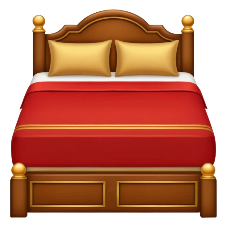 bed with red and gold sheets, wooden sticker