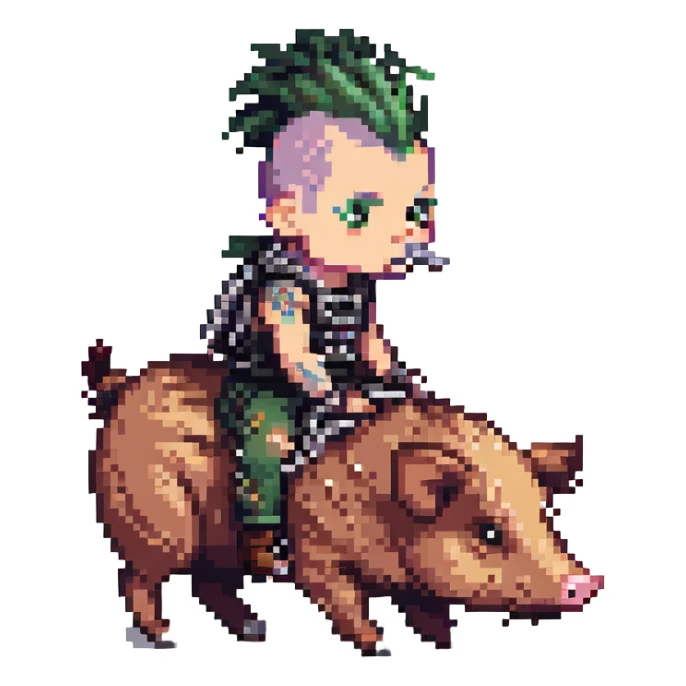 a punk riding a wild pig, pixel art style sticker