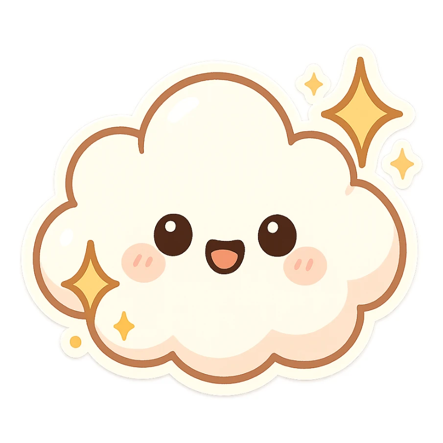 chibi sticker-style cloud with sparkles, cute and exaggerated sticker