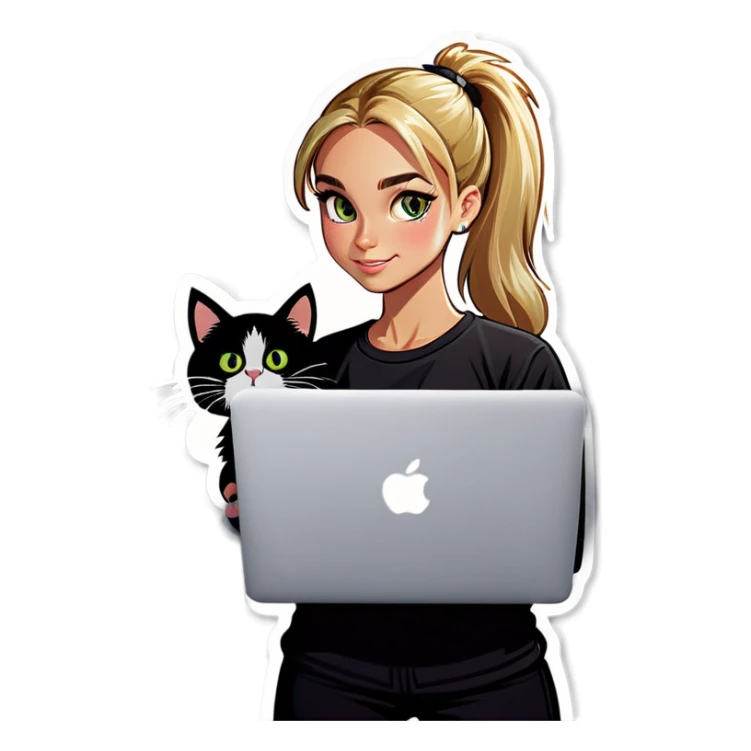 Blonde girl ponytail macBook and a cat sticker