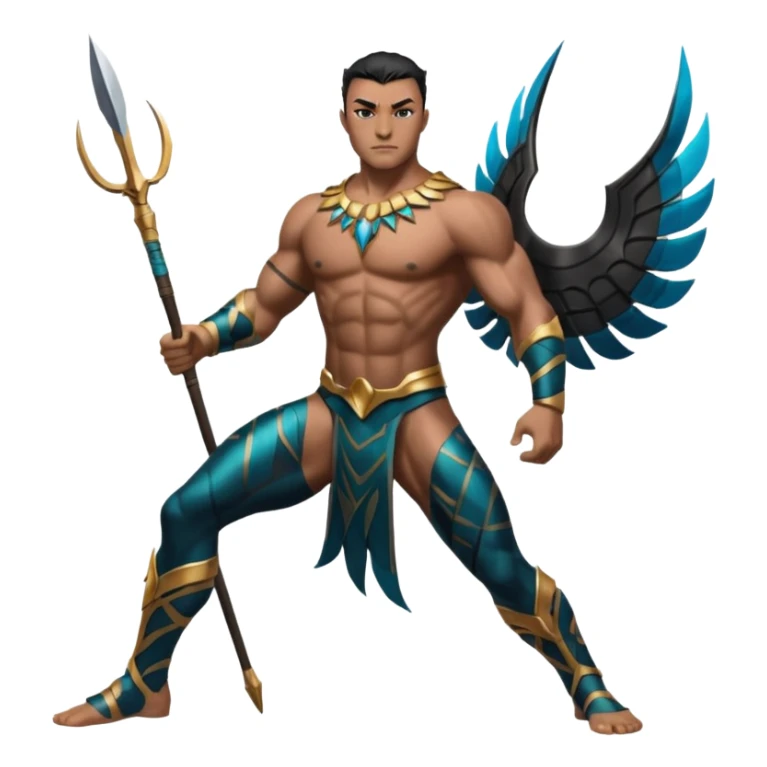Namor from Black Panther 2, full body, dynamic pose, holding a sharpened spear, wings at his feet sticker
