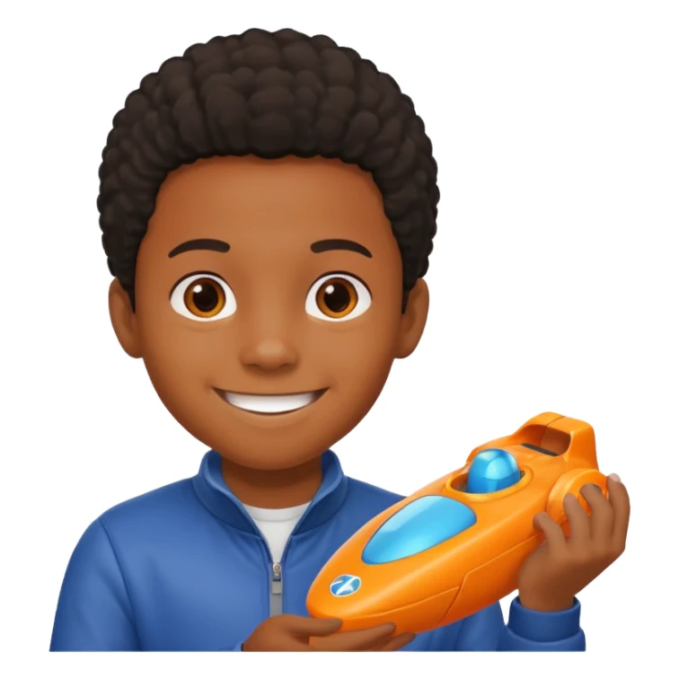 black kid playing orange formula 1 toy sticker