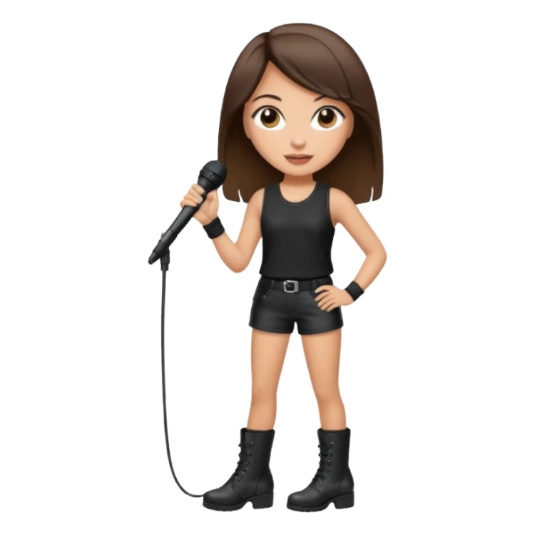 Crie uma cantora morena charmosa de shortes top e bota com microfone branca e cabelo preto Bota preta roupa preta sticker