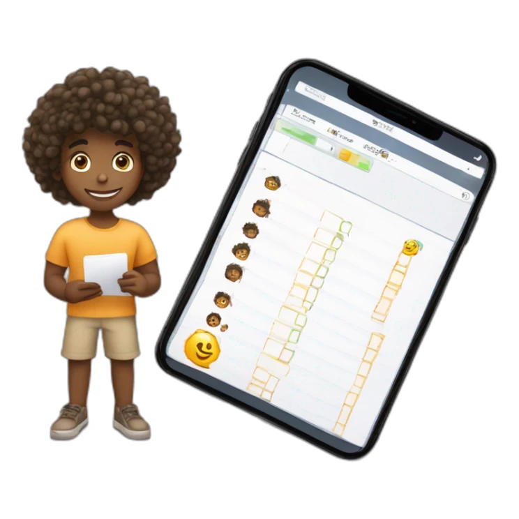 tanned/black boy with curly hairs doing checklist for developing mobile app (with ios device in a hand and the list in the another hand sticker