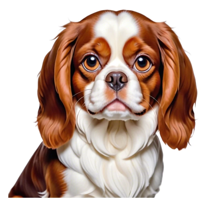Cinematic Grumpy Blenheim Cavalier King Charles Spaniel Portrait Emoji, Head tilted slightly with a deeply unimpressed expression, thick Blenheim coat with pronounced chestnut and white markings, large, droopy brown eyes narrowed into an unamused glare, ears slightly drooping in exasperation, Simplified yet comically expressive features, highly detailed, glowing with a dry, sarcastic glow, high shine, effortlessly judgmental yet dignified, stylized with a touch of cynicism, bright but brooding, soft glowing outline, capturing the essence of an eternally unimpressed yet endearing companion, so lifelike it feels like it could sigh heavily at you in disdain at any moment! sticker