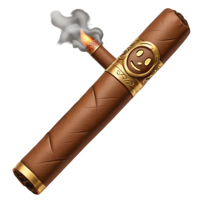 Emoji-style cigar icon, dark brown wrapper, subtle smoke, minimalistic, clean silhouette, metal details sticker
