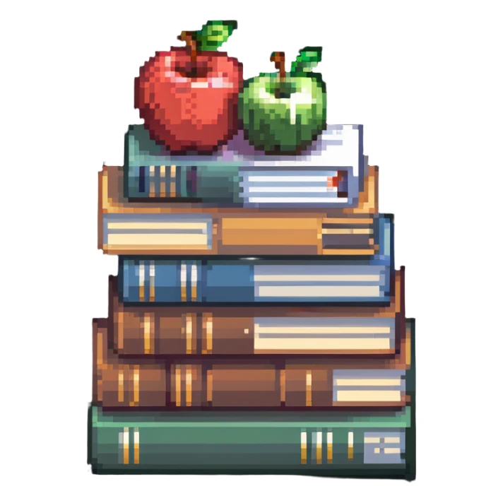 stack of school books with an apple sticker