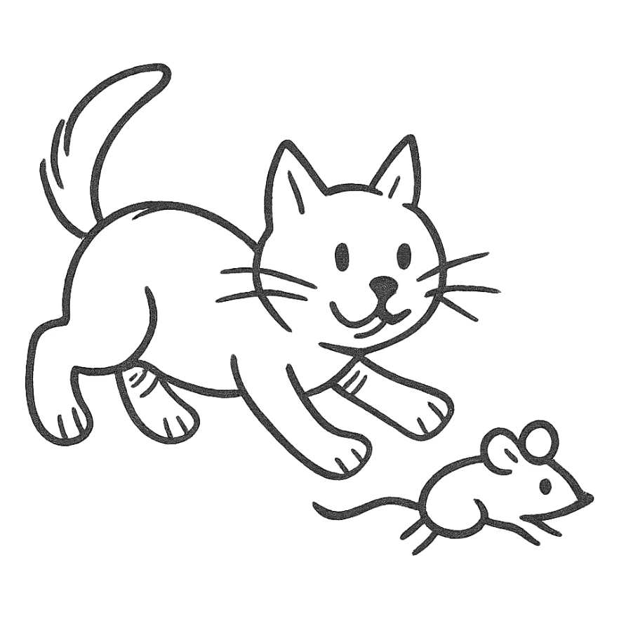 hand drawn outlined cat chasing a mouse icon sticker