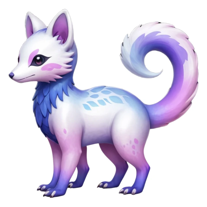  Hyper-realistic Shiny iridescent glossy oily smooth silky soft White with indigo-Violet-purple-pinkish-gradient markings beautiful handsome gorgeous aesthetic colorful vibrant Vernid-Trico-species-Fakemon-creature by LiLaiRa, 4 legs, 1 tail, random markings, (full body) sticker