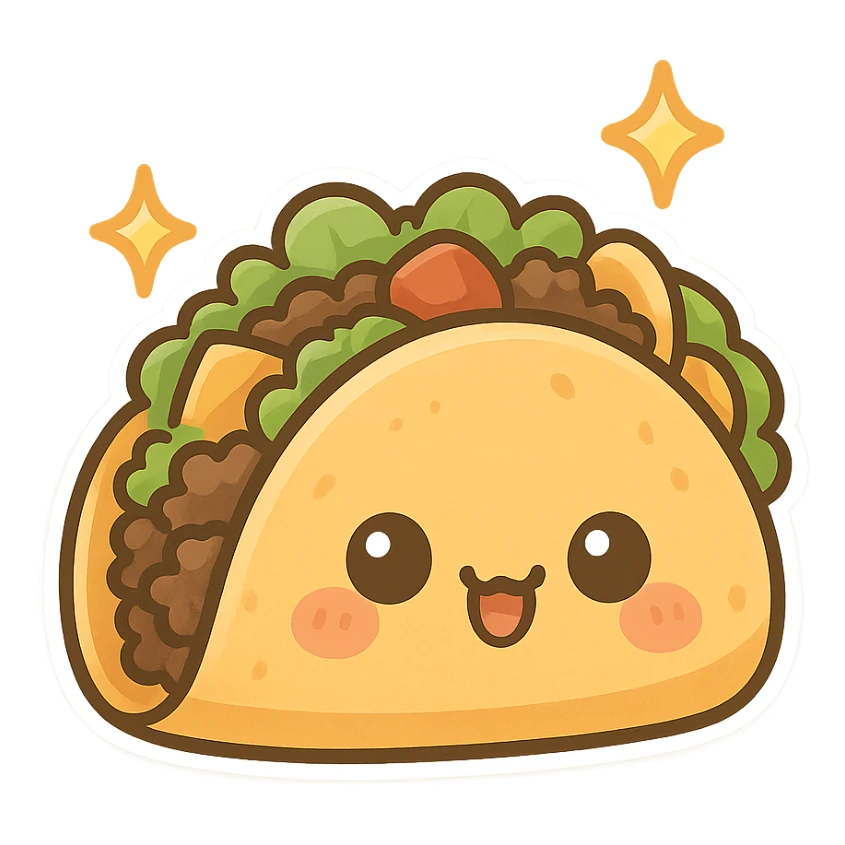 Sparkling chibi sticker style tacos, cute and exaggerated sticker