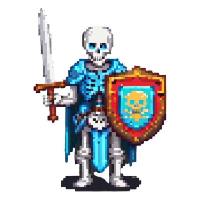 pixel art skeleton with a sword and shield, retro game style sticker