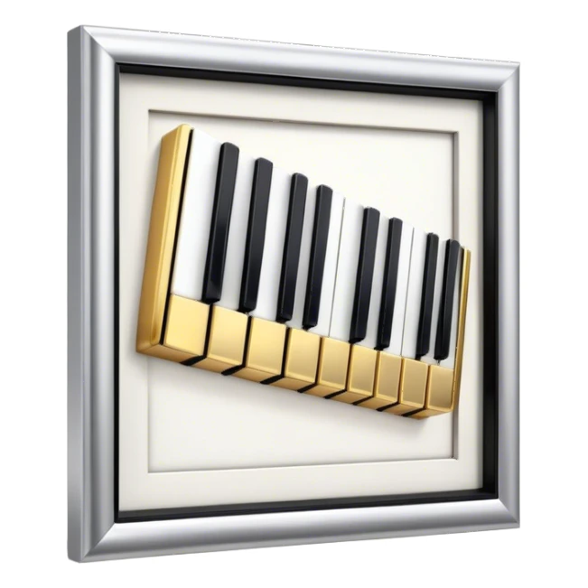 Create an elegant and festive emoji collage representing keyboard instruments, styled like a heraldic emblem. The design should feature a central focal point of black and white piano keys, arranged in a semi-circular or shield-like shape. Around the piano keys, add intertwining musical notes that form flowing ribbons, creating a dynamic and celebratory atmosphere. The design should be professional, with polished silver and gold accents on the keys and notes, highlighting the luxury and sophistication of the instruments. Add subtle shading and lighting effects to give the design a refined, 3D appearance. The background should remain transparent, and the overall feel should evoke grandeur, artistry, and a sense of celebration. sticker