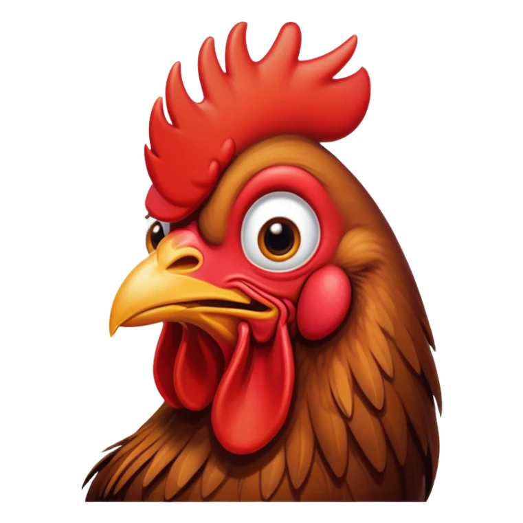 Cinematic Comical Brown Rooster Portrait Emoji, Head tilted dramatically with an exaggeratedly amused expression, featuring a striking, glossy brown plumage with a bold red comb, wide, expressive warm eyes filled with playful disbelief, Simplified yet hilariously expressive features, highly detailed, glowing with a slightly sassy glow, high shine, dramatic yet playful, stylized with an air of cheeky mischief, bright and endearing, soft glowing outline, capturing the essence of a spirited and over-the-top rooster, so meme-worthy it feels like it could crow its way into internet fame instantly! sticker