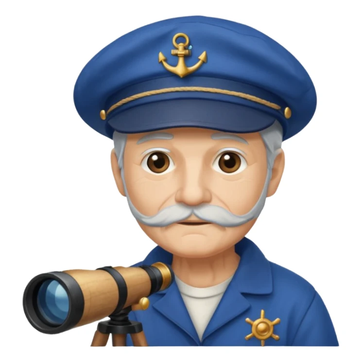 old sailor wearing a blue cap with a telescope sticker